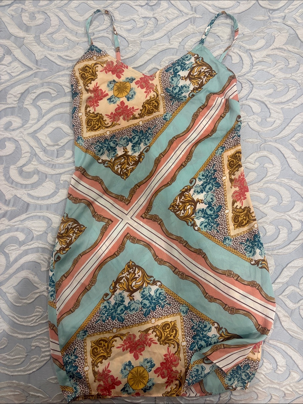Guess Multicolor Patterned Slip Dress - Aqua, Pink, Gold
